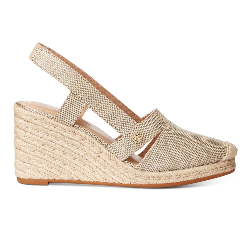 🤍RALPH LAUREN Womens Beige Cap Toe Strappy Penelope Wedge Slip On Espadrille